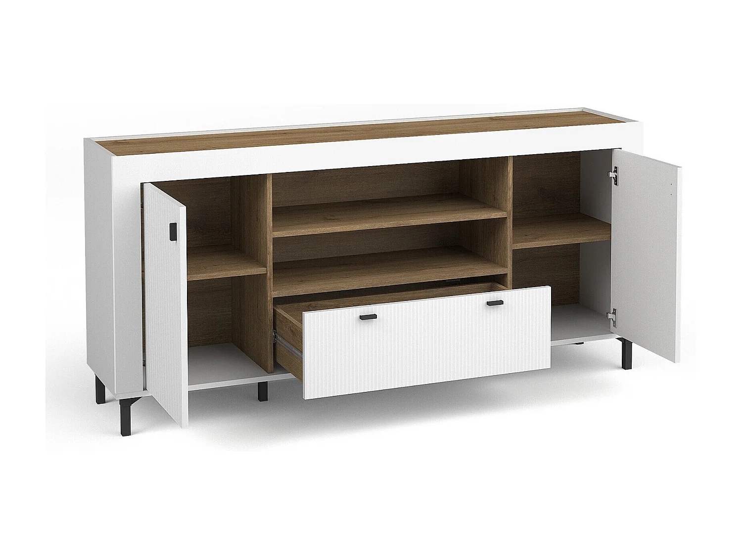 Commode Mormavu 110, Chêne|Mat blanc, Avec tiroirs et portes, 84x177x40cm