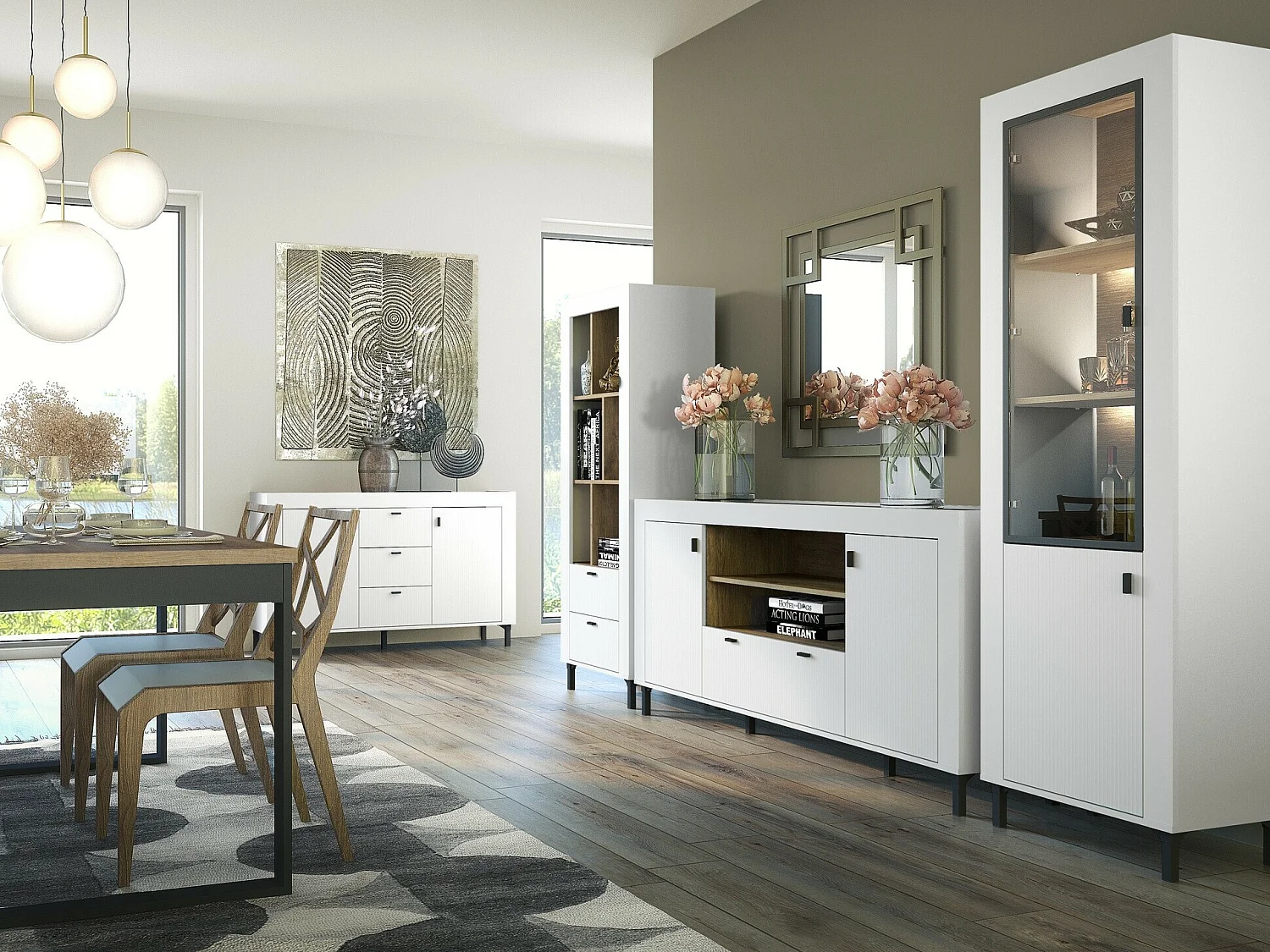 Commode Mormavu 110, Chêne|Mat blanc, Avec tiroirs et portes, 84x177x40cm