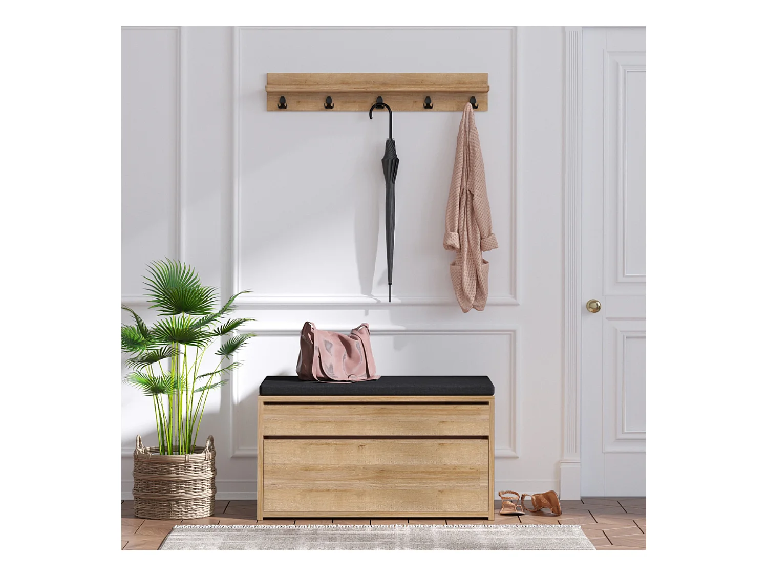 Meuble d'entrée avec porte-manteau mural et coffre de rangement LARVIK