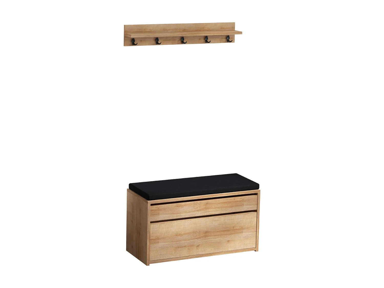 Eingangsmöbel mit Wandgarderobe und Aufbewahrungstruhe in Eiche und Schwarz