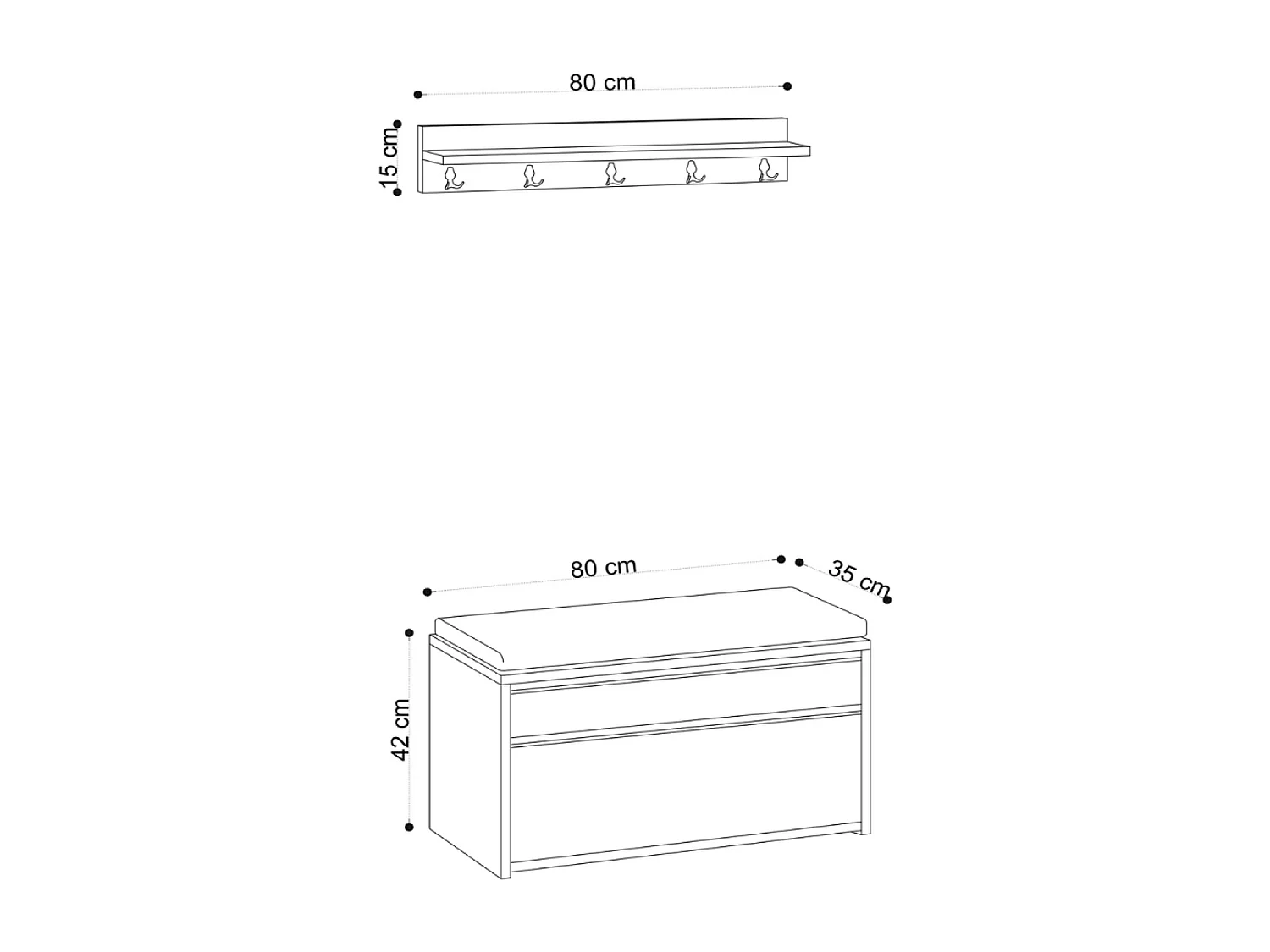 Eingangsmöbel mit Wandgarderobe und Aufbewahrungstruhe in Eiche und Schwarz