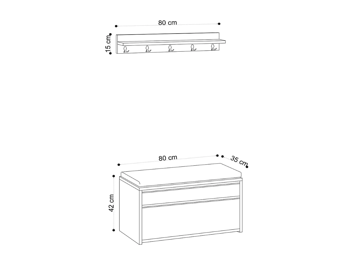 Móvel de entrada com cabideiro de parede e baú de arrumação em Carvalho e Preto