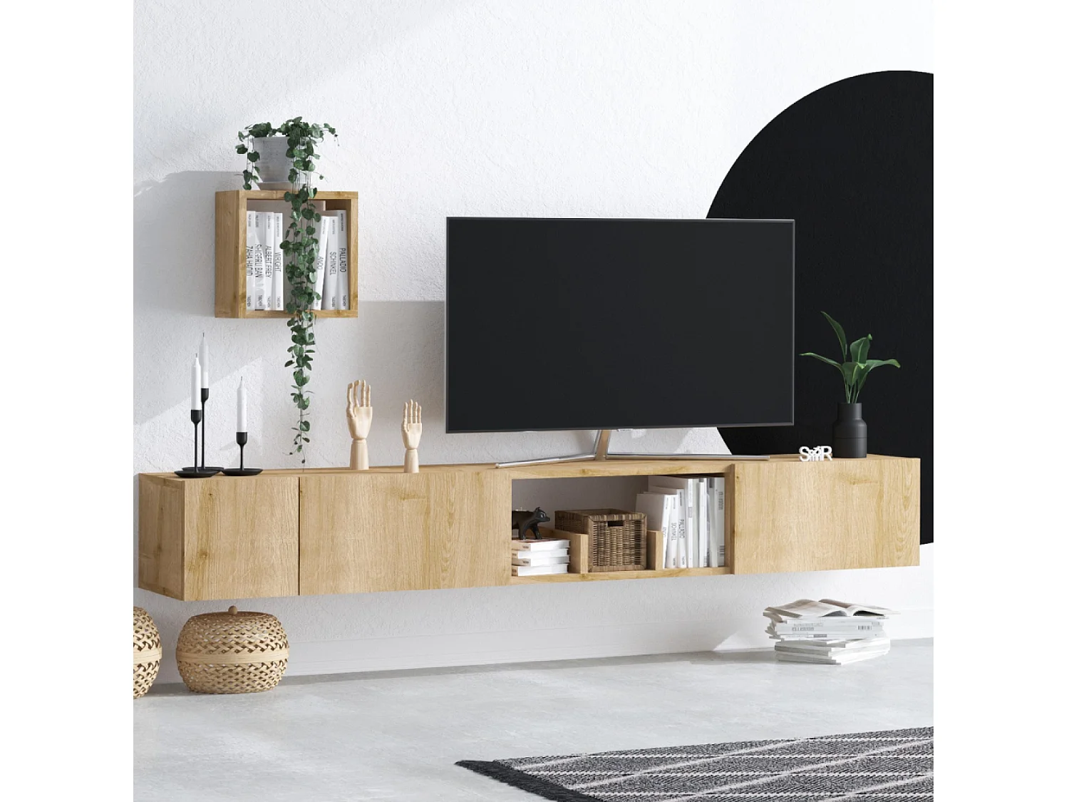 Meuble tv avec rangements imitation bois clair BERGEN
