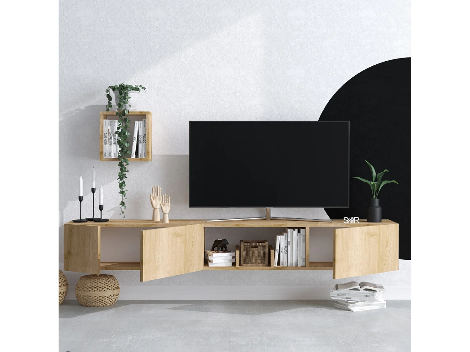 Meuble tv avec rangements imitation bois clair BERGEN