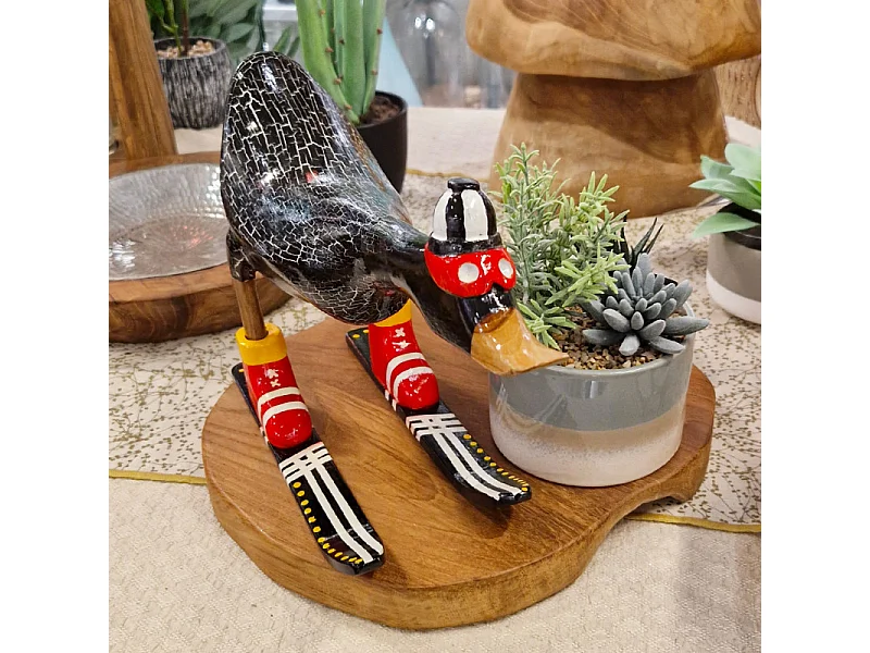 Statuette décorative 18 cm canard skieur noir en bois de teck – DONNY