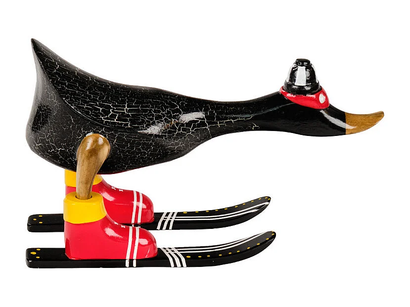 Statuette décorative 18 cm canard skieur noir en bois de teck – DONNY