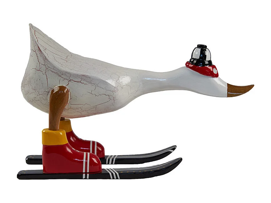 Statuette décorative 18 cm canard skieur blanc bois de teck – DONNY
