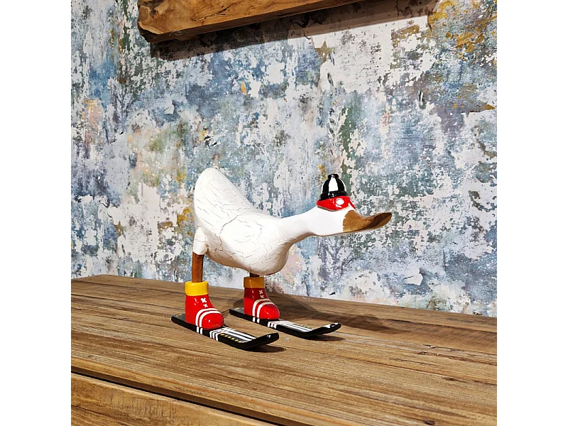 Statuette décorative 18 cm canard skieur blanc bois de teck – DONNY