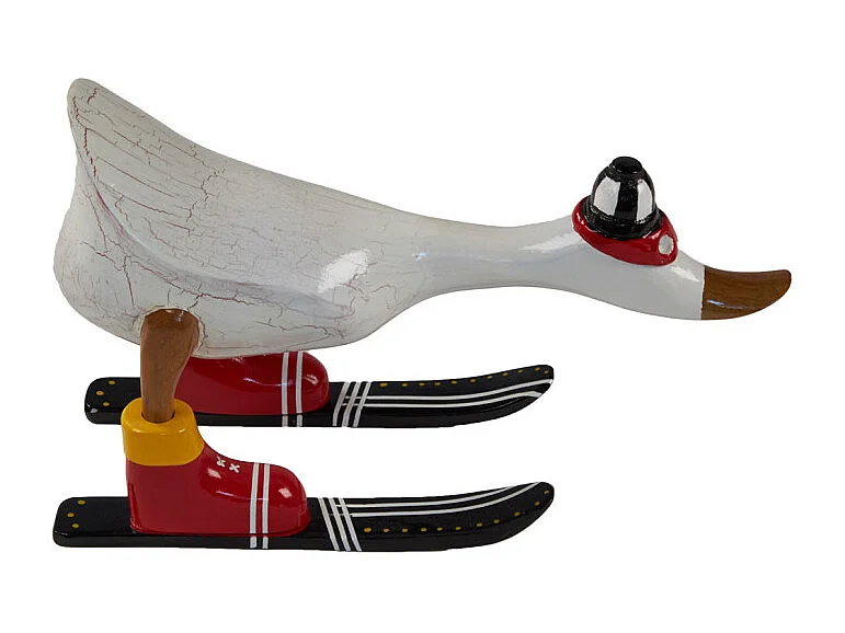 Statuette décorative 18 cm canard skieur blanc bois de teck – DONNY