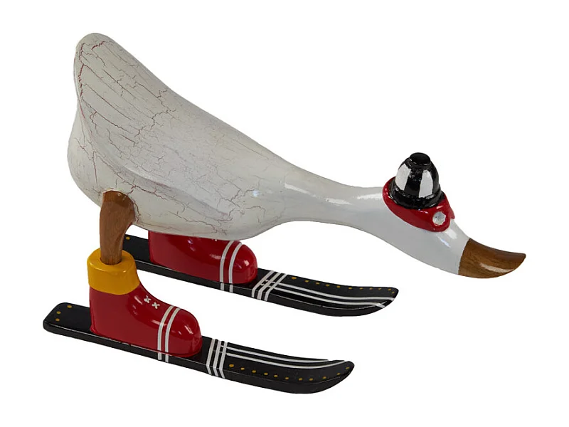 Statuette décorative 18 cm canard skieur blanc bois de teck – DONNY