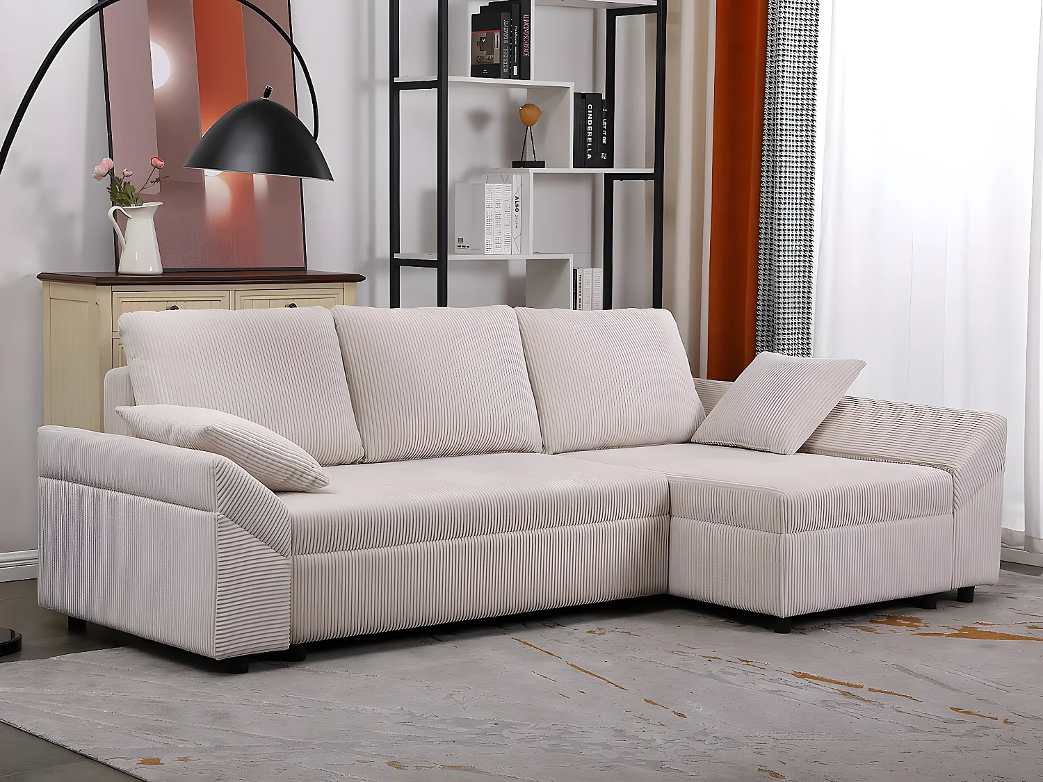 Canapé d'angle en velours côtelé  "Vaugirard II" - 3 places - Beige