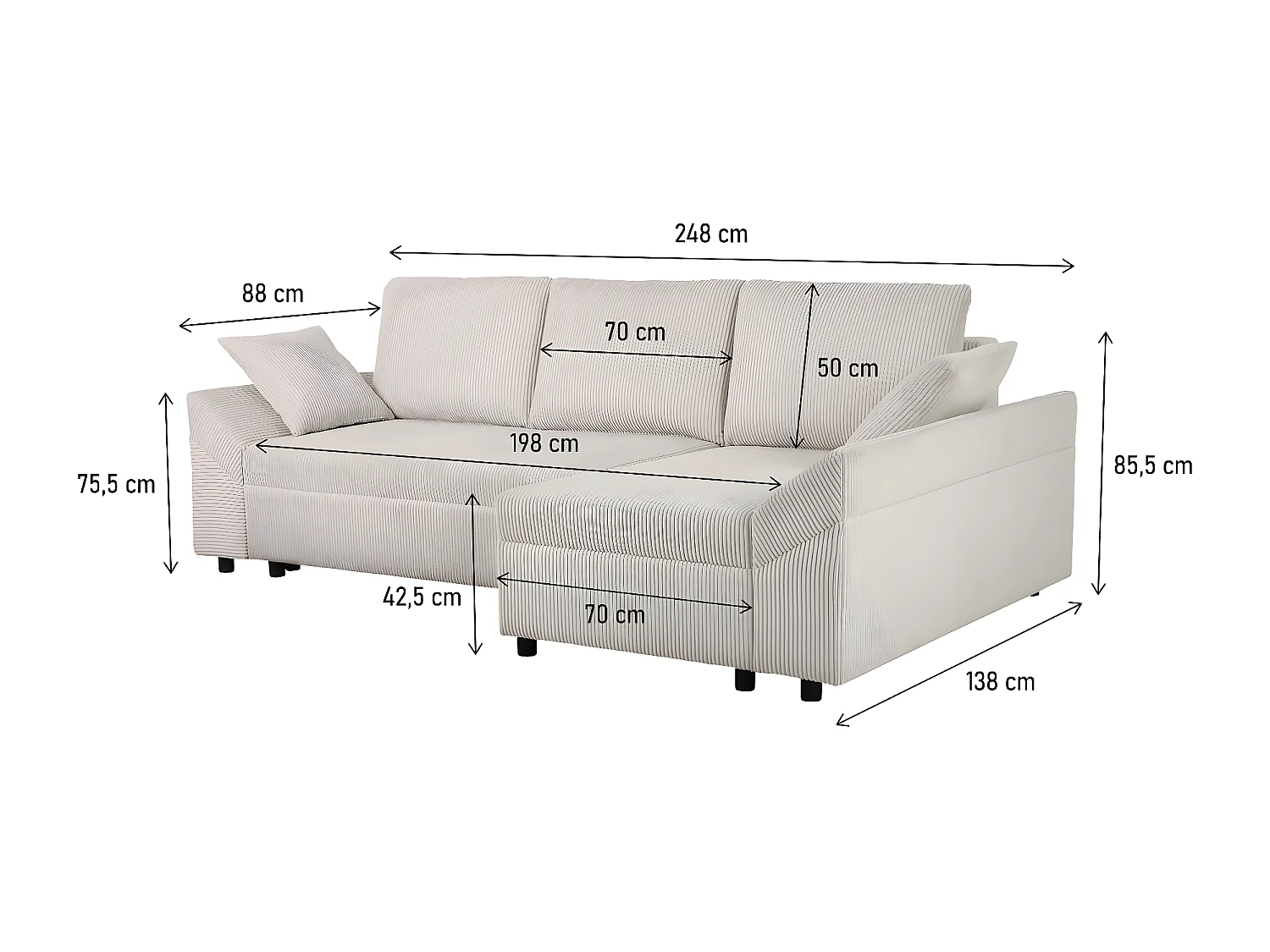 Canapé d'angle en velours côtelé  "Vaugirard II" - 3 places - Beige