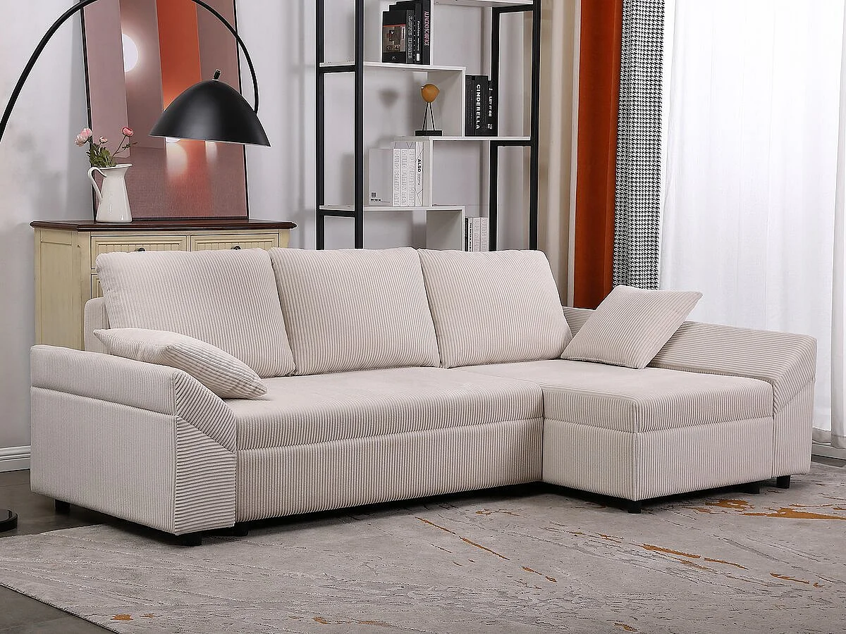 Canapé d'angle en velours côtelé  "Vaugirard II" - 3 places - Beige