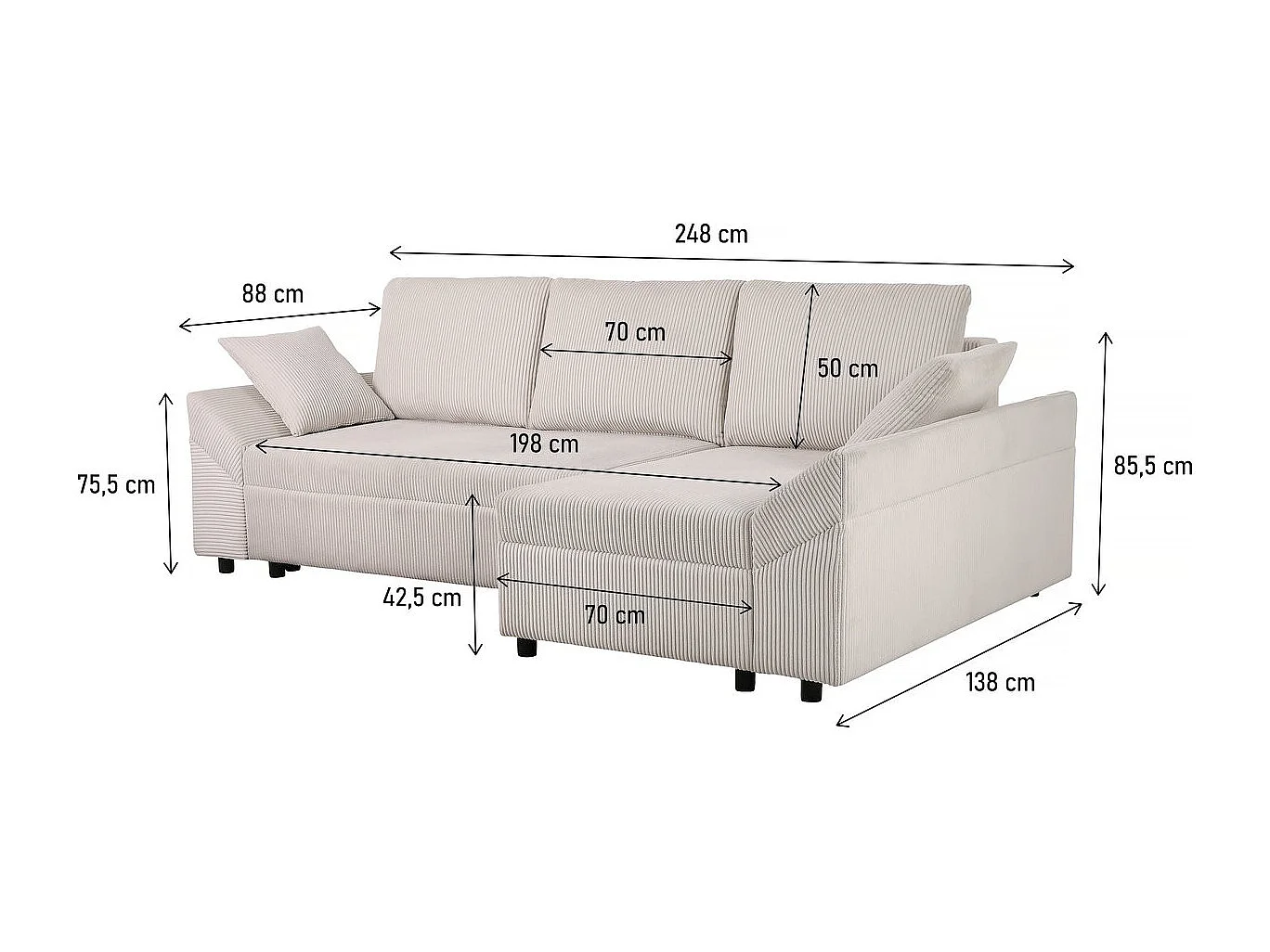 Canapé d'angle en velours côtelé  "Vaugirard II" - 3 places - Beige