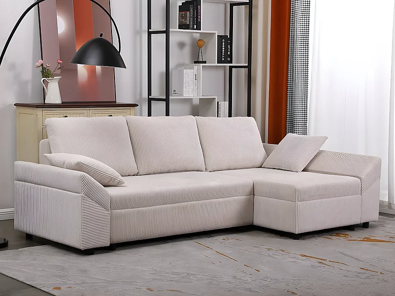 Canapé d'angle en velours côtelé  "Vaugirard II" - 3 places - Beige