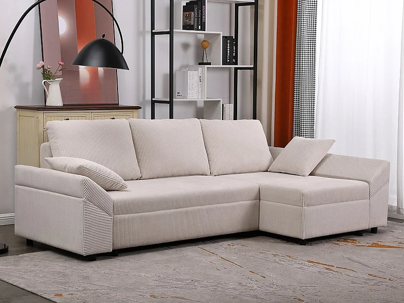 Canapé d'angle en velours côtelé  "Vaugirard II" - 3 places - Beige