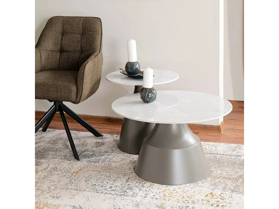 Lote de dos mesas de centro redondas con tablero Pyxis de aspecto mármol blanco