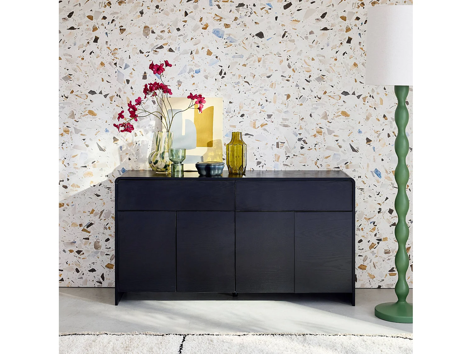 Buffet de rangement. buffet bas. 2 tiroirs 4 portes effet bois noir arrondi