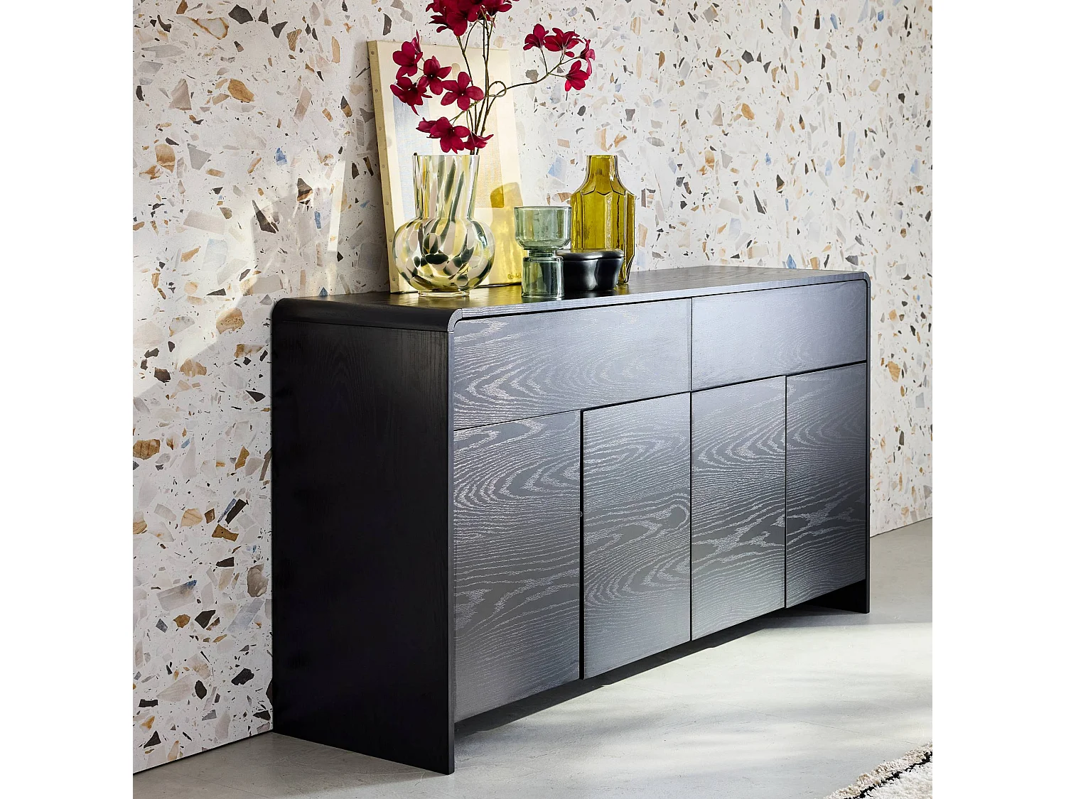 Buffet de rangement. buffet bas. 2 tiroirs 4 portes effet bois noir arrondi