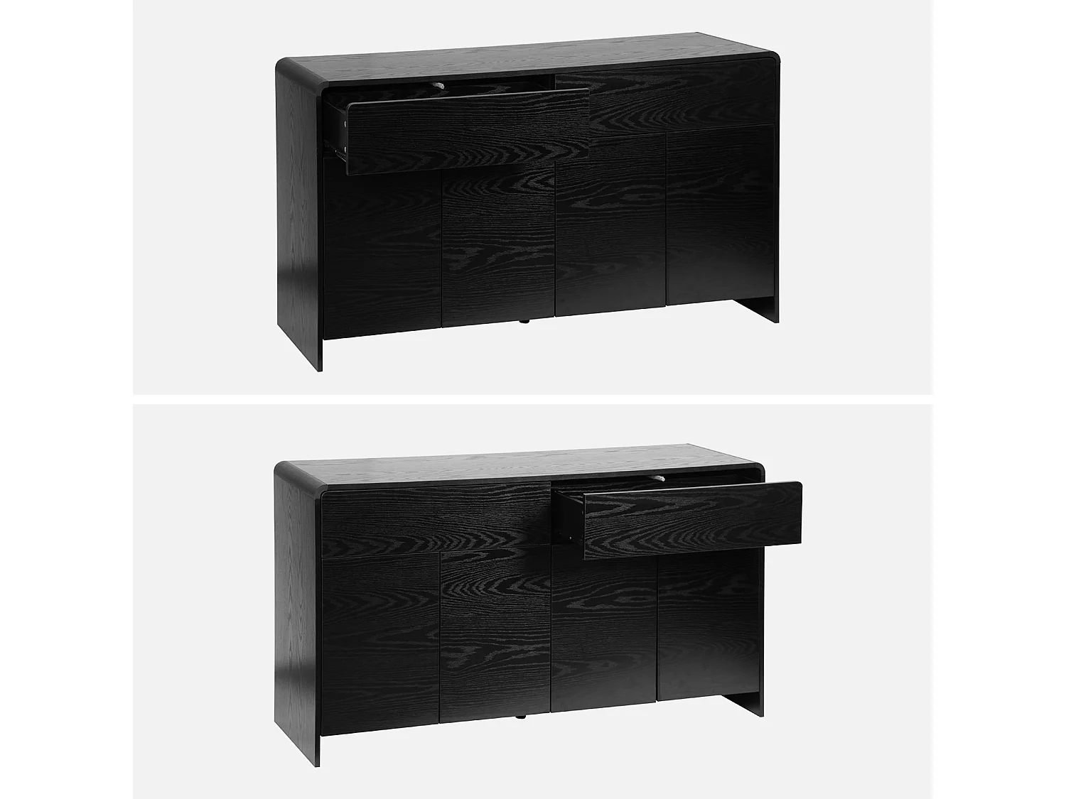 Buffet de rangement. buffet bas. 2 tiroirs 4 portes effet bois noir arrondi
