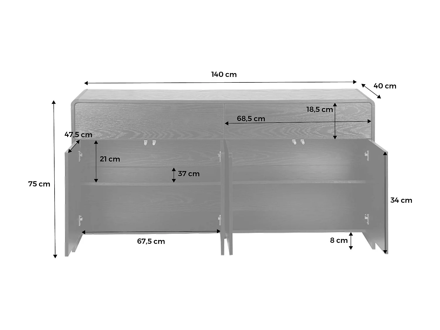 Buffet de rangement. buffet bas. 2 tiroirs 4 portes effet bois noir arrondi