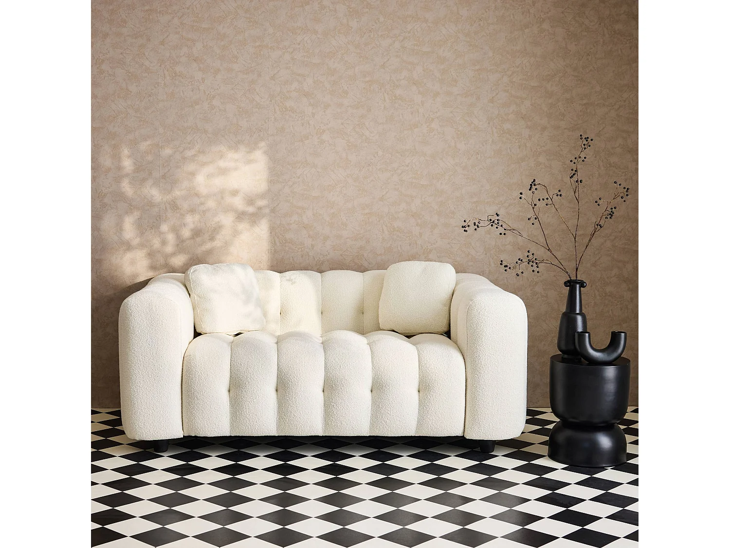 Divano a 2 posti, rivestito in tessuto bouclé testurizzato, bianco