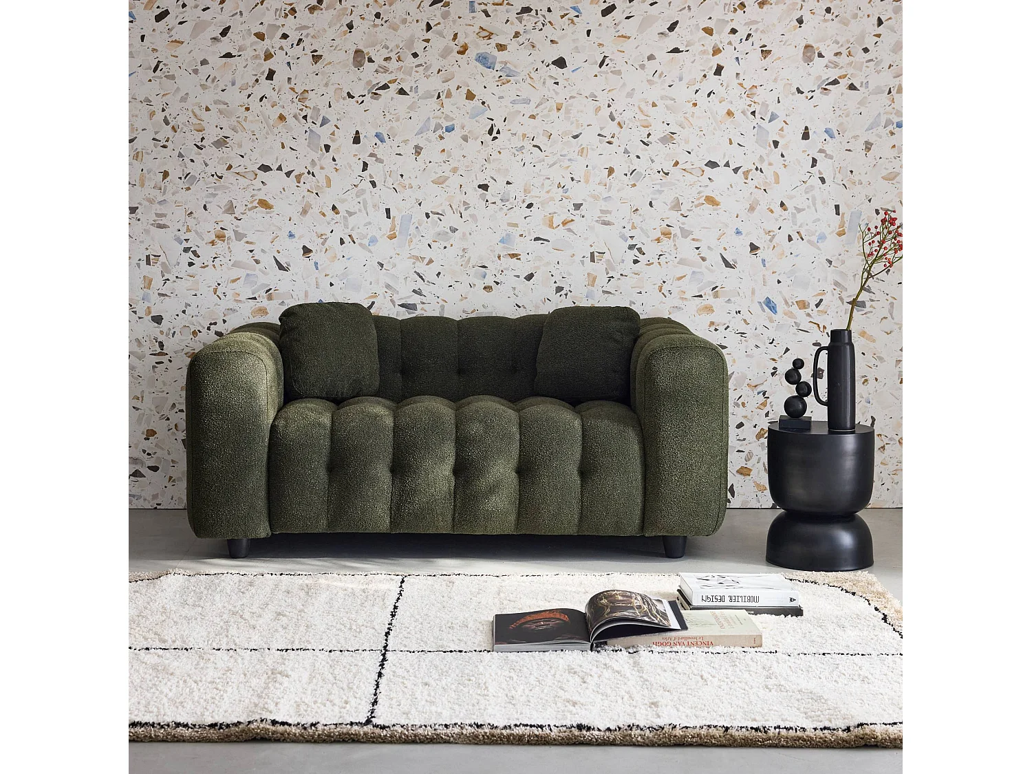 Divano a 2 posti, rivestito in tessuto bouclé testurizzato, kaki