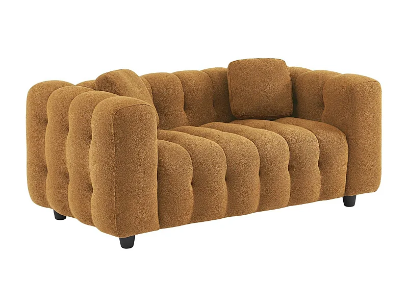 Canapé 2 places en bouclette texturée capitonné. moutarde. structure bois d'eucalyptus et contreplaqué