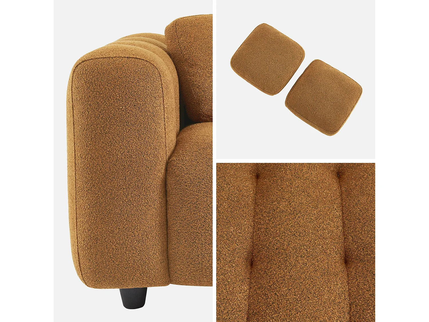 Canapé 2 places en bouclette texturée capitonné. moutarde. structure bois d'eucalyptus et contreplaqué