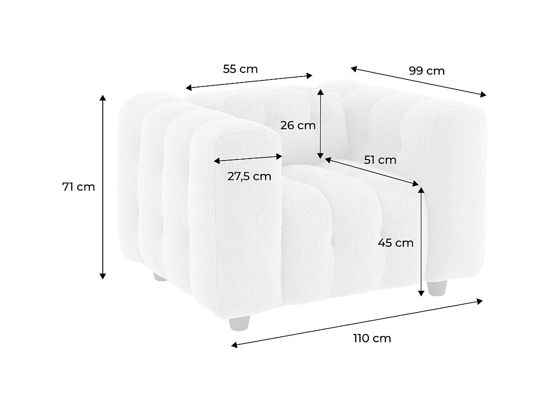 Fauteuil 1 place en bouclette texturée capitonné beige structure bois d'eucalyptus et contreplaqué