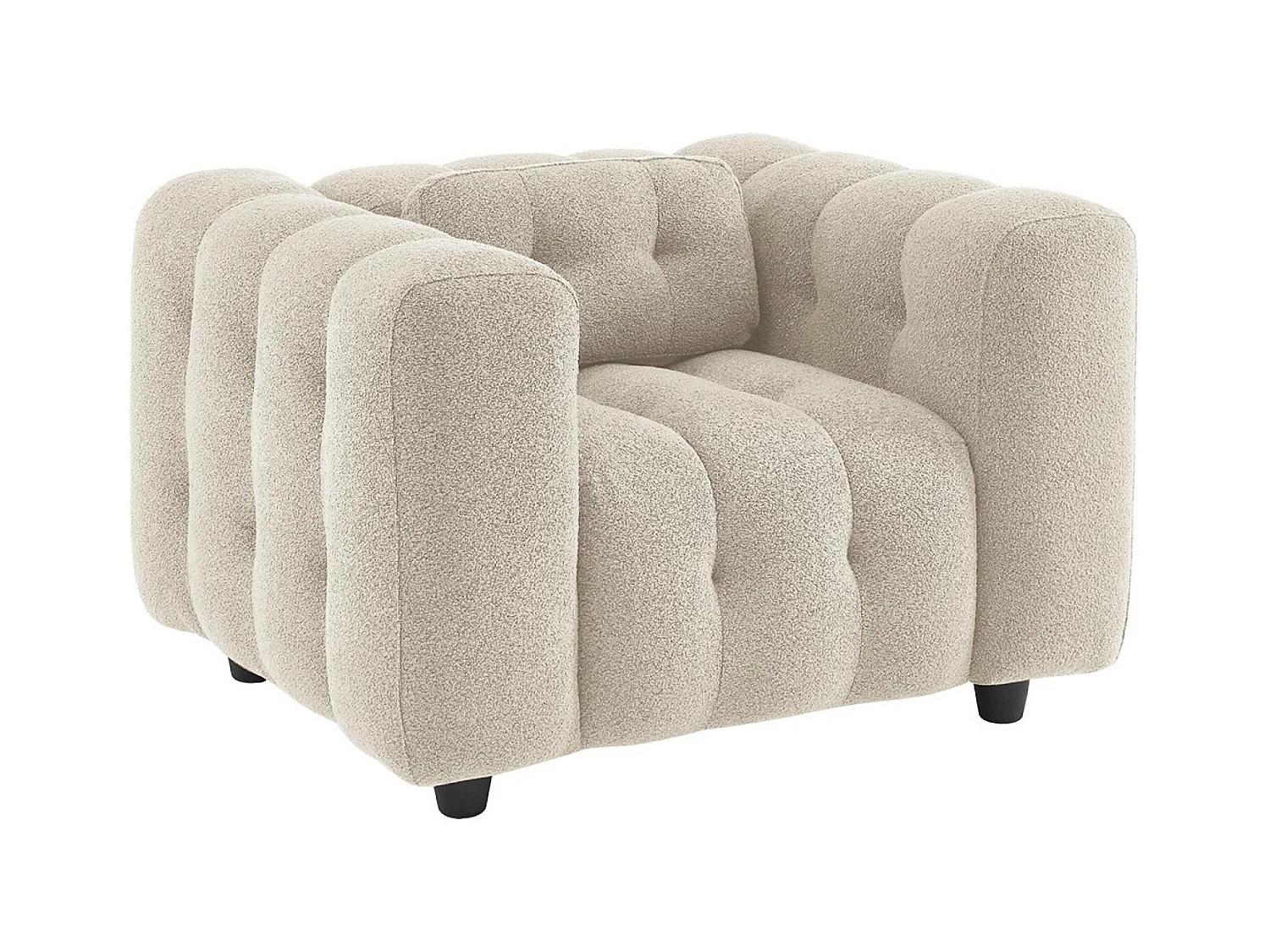 Fauteuil 1 place en bouclette texturée capitonné beige structure bois d'eucalyptus et contreplaqué