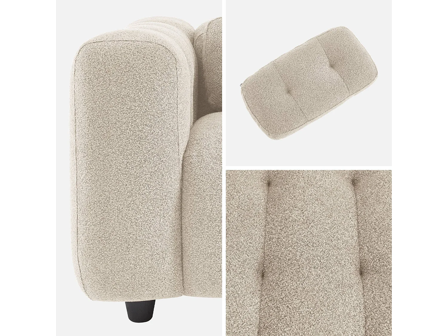 Fauteuil 1 place en bouclette texturée capitonné beige structure bois d'eucalyptus et contreplaqué