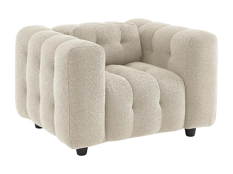 Fauteuil 1 place en bouclette texturée capitonné beige structure bois d'eucalyptus et contreplaqué