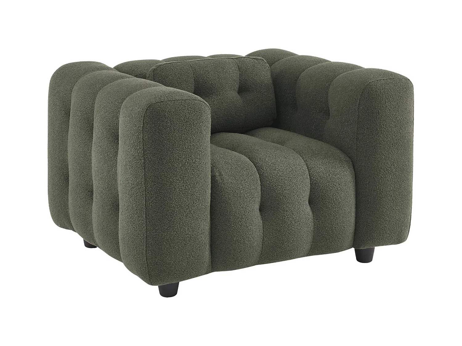 Fauteuil 1 place en bouclette texturée capitonné kaki foncé structure bois d'eucalyptus et contreplaqué