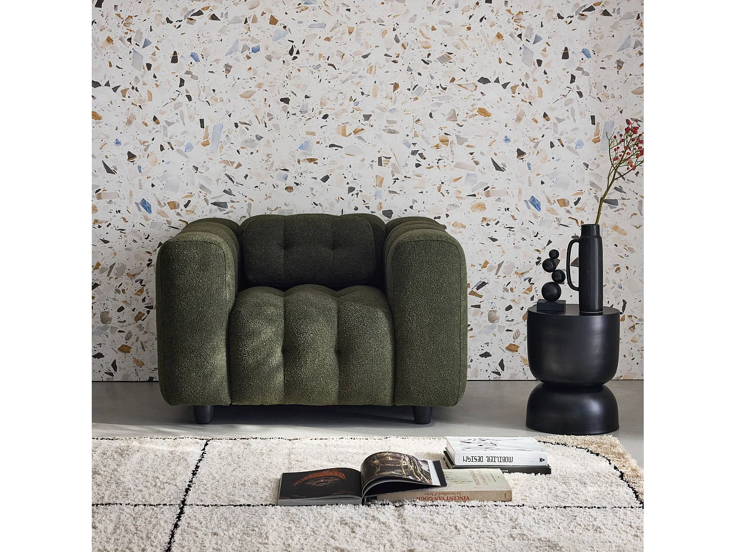 Sillón tapizado en tejido borreguito, 1 plaza kaki oscuro