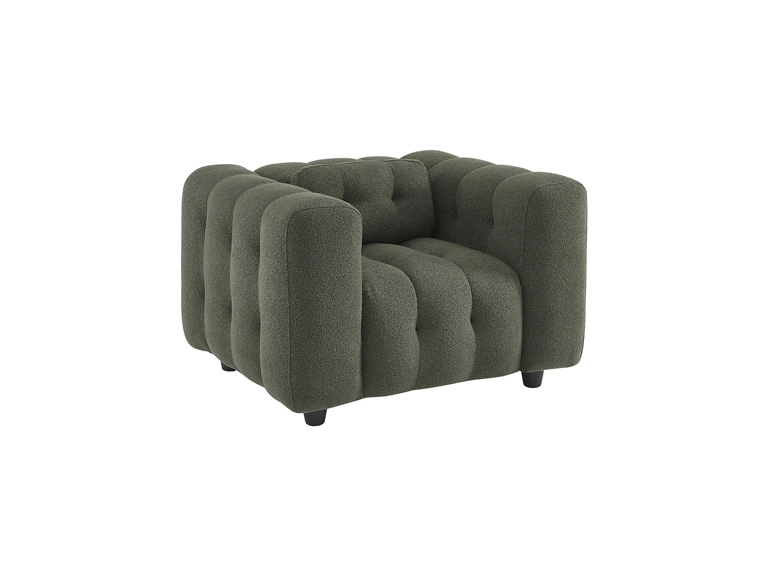 Fauteuil 1 place en bouclette texturée capitonné kaki foncé structure bois d'eucalyptus et contreplaqué