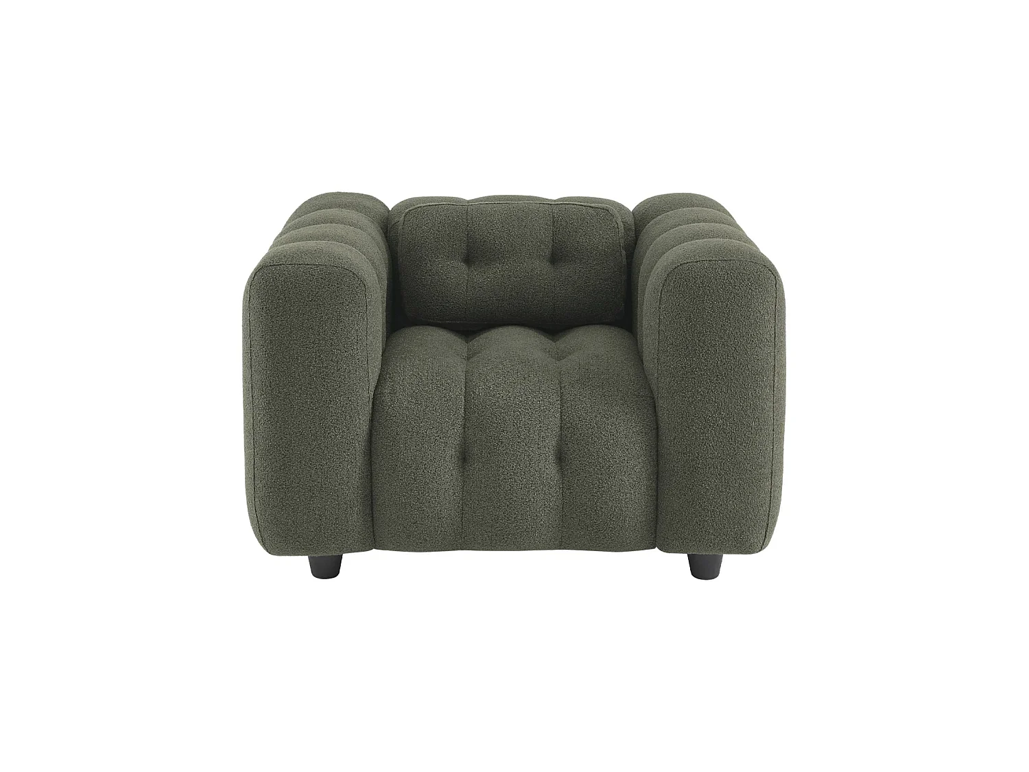 Fauteuil 1 place en bouclette texturée capitonné kaki foncé structure bois d'eucalyptus et contreplaqué