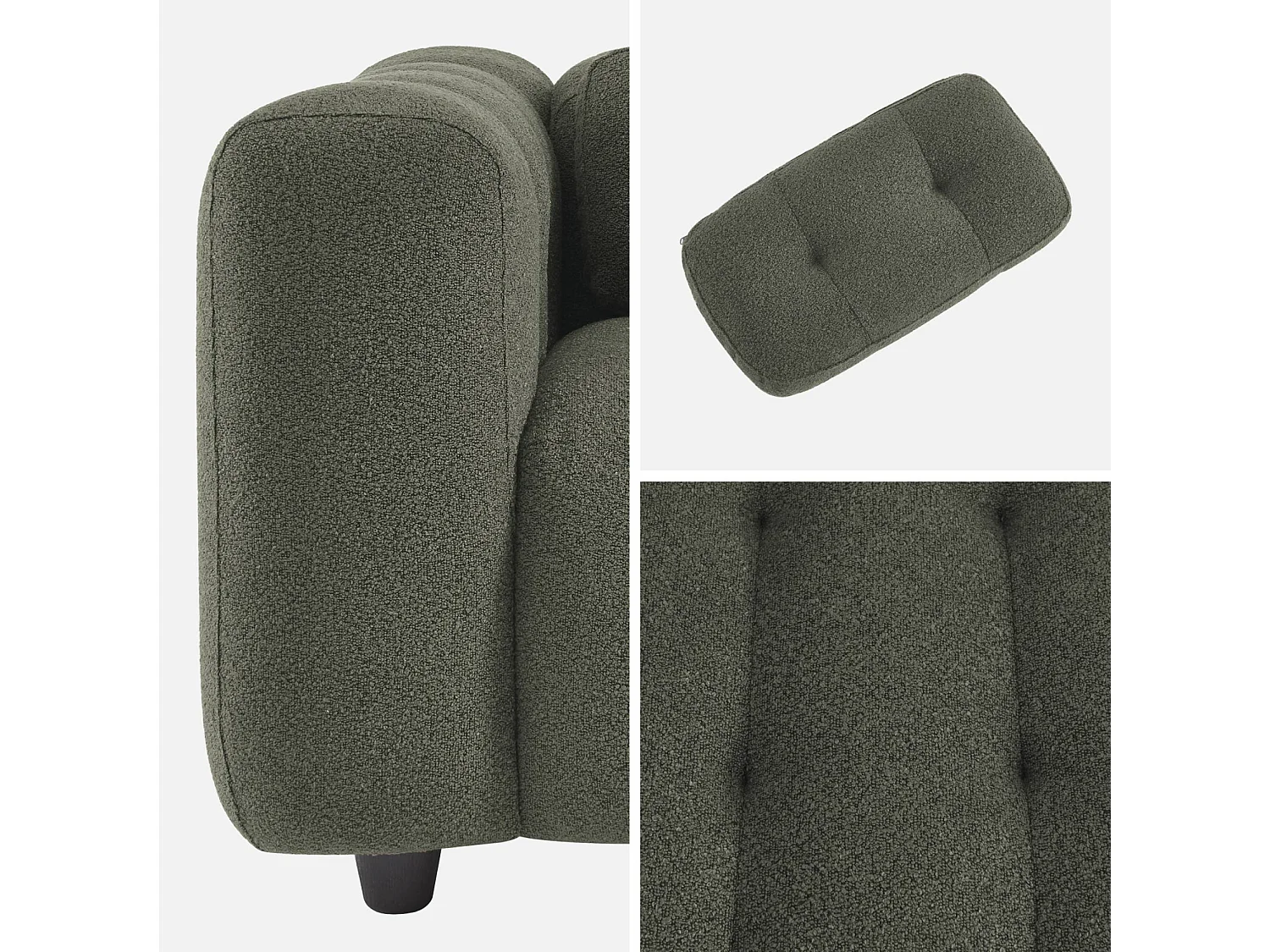 Fauteuil 1 place en bouclette texturée capitonné kaki foncé structure bois d'eucalyptus et contreplaqué