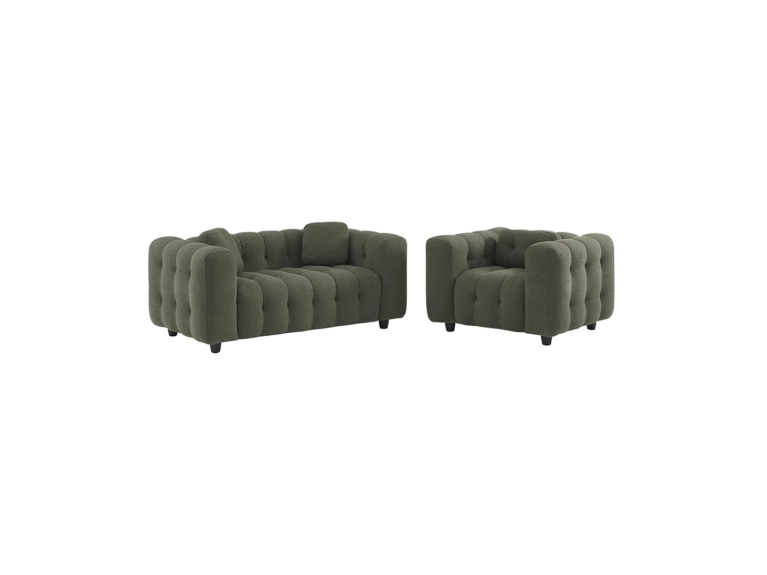 Fauteuil 1 place en bouclette texturée capitonné kaki foncé structure bois d'eucalyptus et contreplaqué