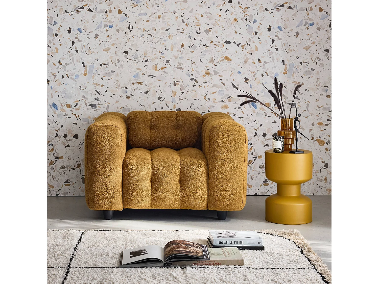 Sillón tapizado en tejido borreguito, 1 plaza mostaza