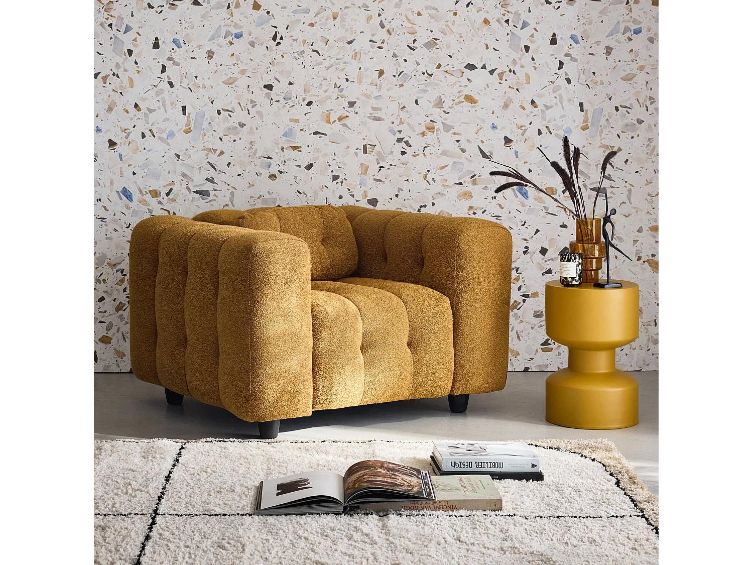 Sillón tapizado en tejido borreguito, 1 plaza mostaza