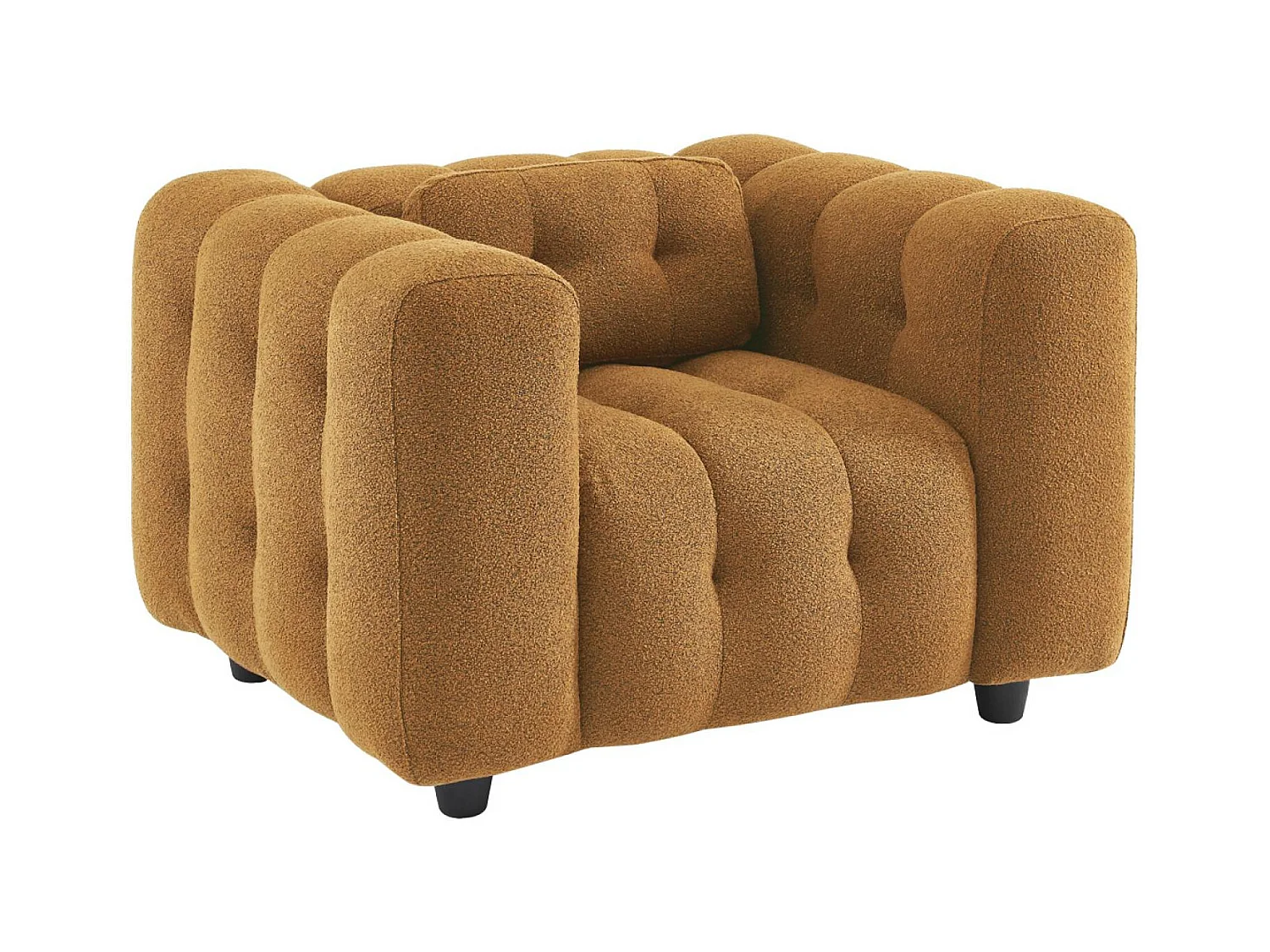 Fauteuil 1 place en bouclette texturée capitonné moutarde structure bois d'eucalyptus et contreplaqué