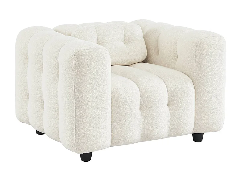 Fauteuil 1 place en bouclette texturée capitonné crème structure bois d'eucalyptus et contreplaqué