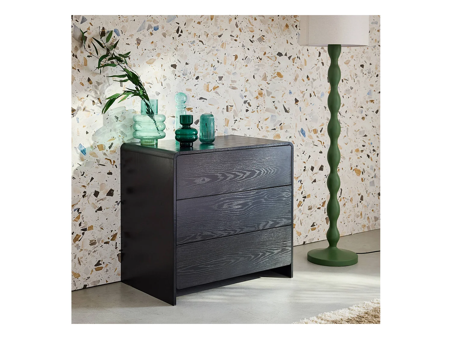 Arcón redondeados efecto madera de 3 cajones negro