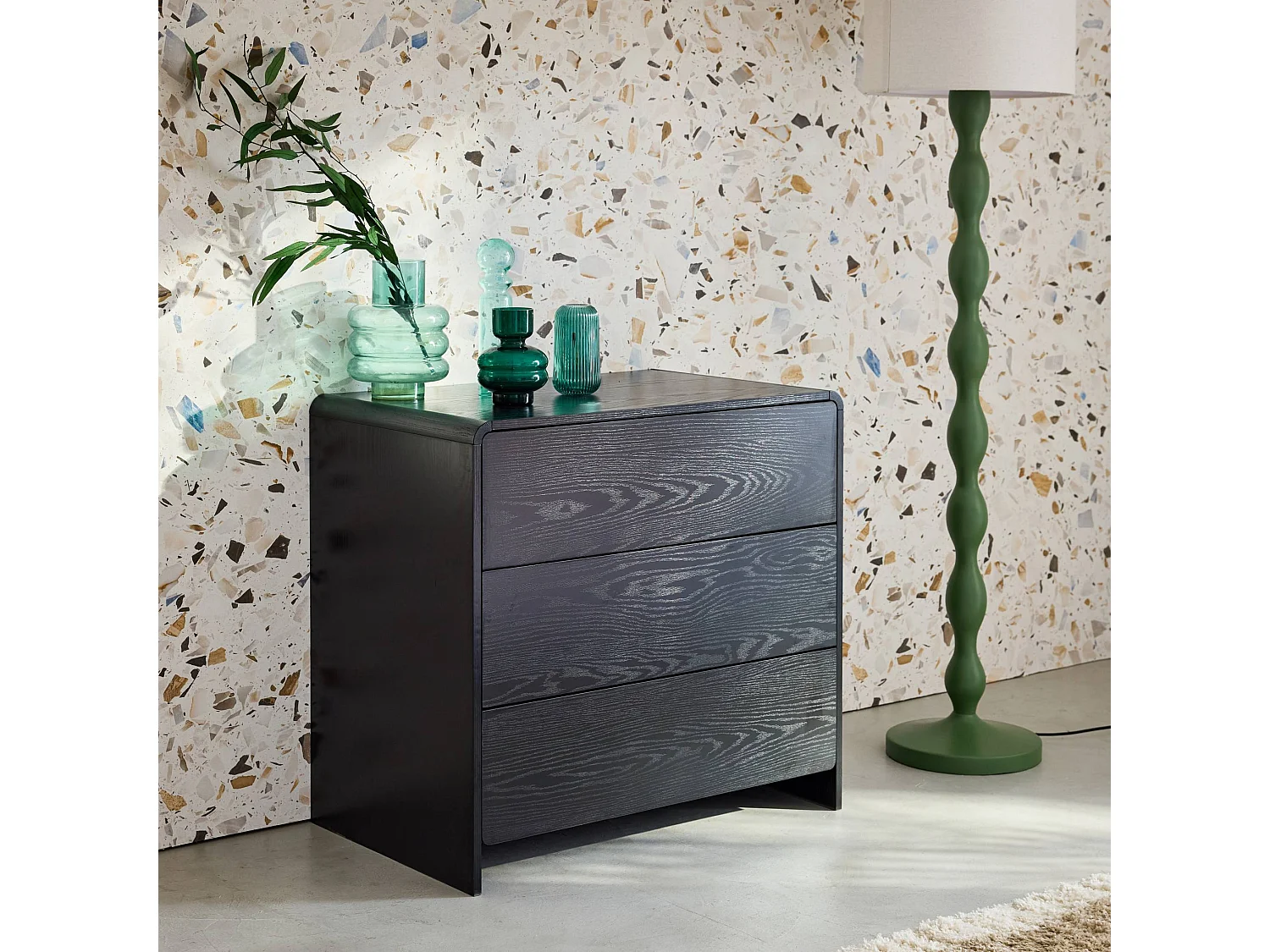 Commode 3 tiroirs effet bois arrondi. noir