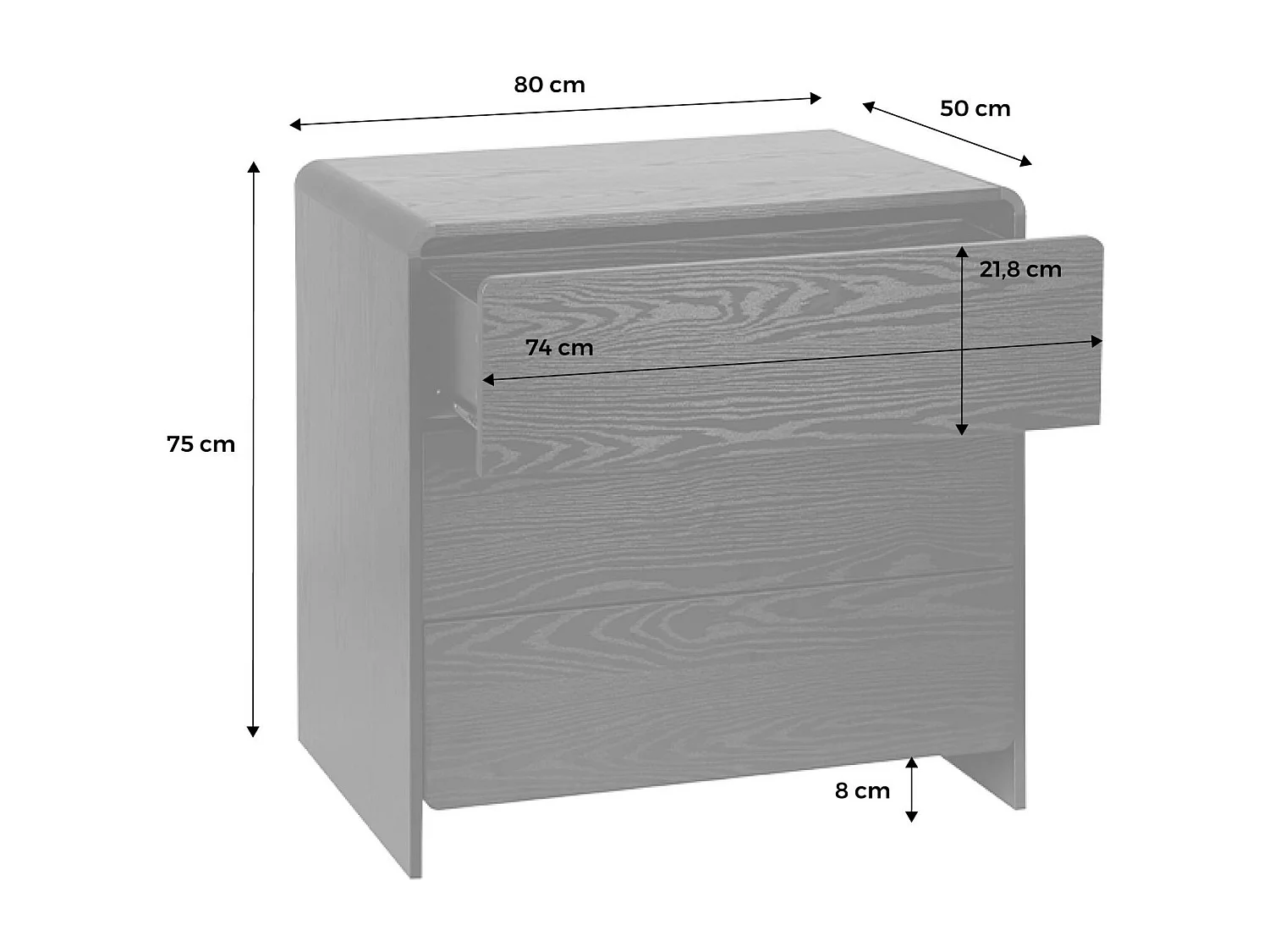 Commode 3 tiroirs effet bois arrondi. noir