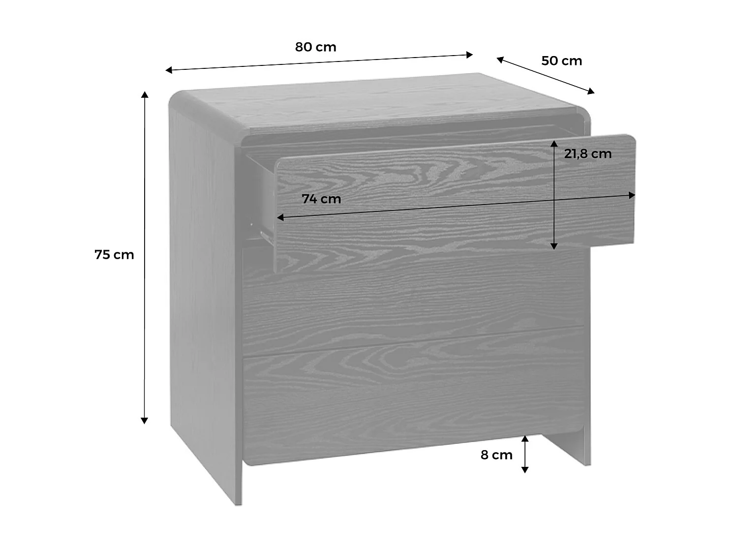 Commode 3 tiroirs effet bois arrondi. noir