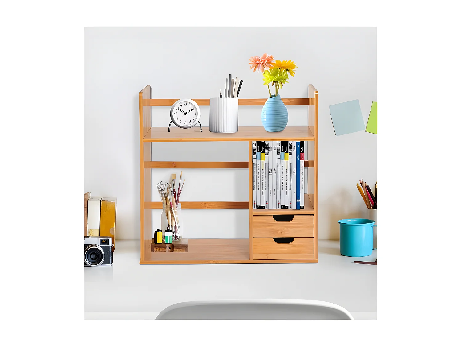 Organisateur de bureau en bois naturel deux tiroirs