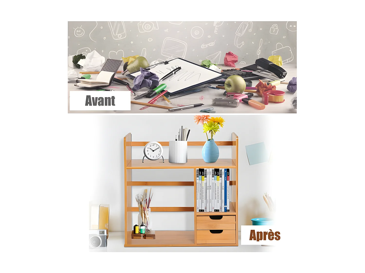 Organisateur de bureau en bois naturel deux tiroirs