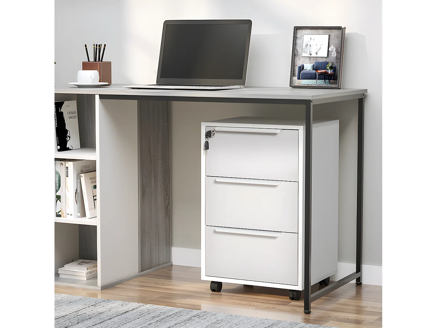 Caisson de bureau 3 tiroirs verouillables MAËL gris & blanc